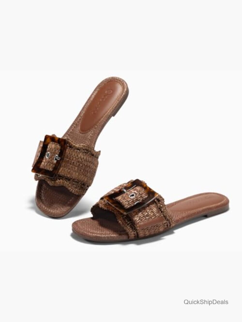 Woven Raffia Flat Sandals with Buckle - Square Open Toe Slide - Picture 5 of 7